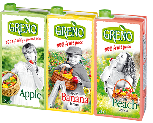 100% директен сок GRENO-Ябълка, GRENO-Ябълка-Праскова-Кайсия и GRENO-Ябълка-Банан-Лимон